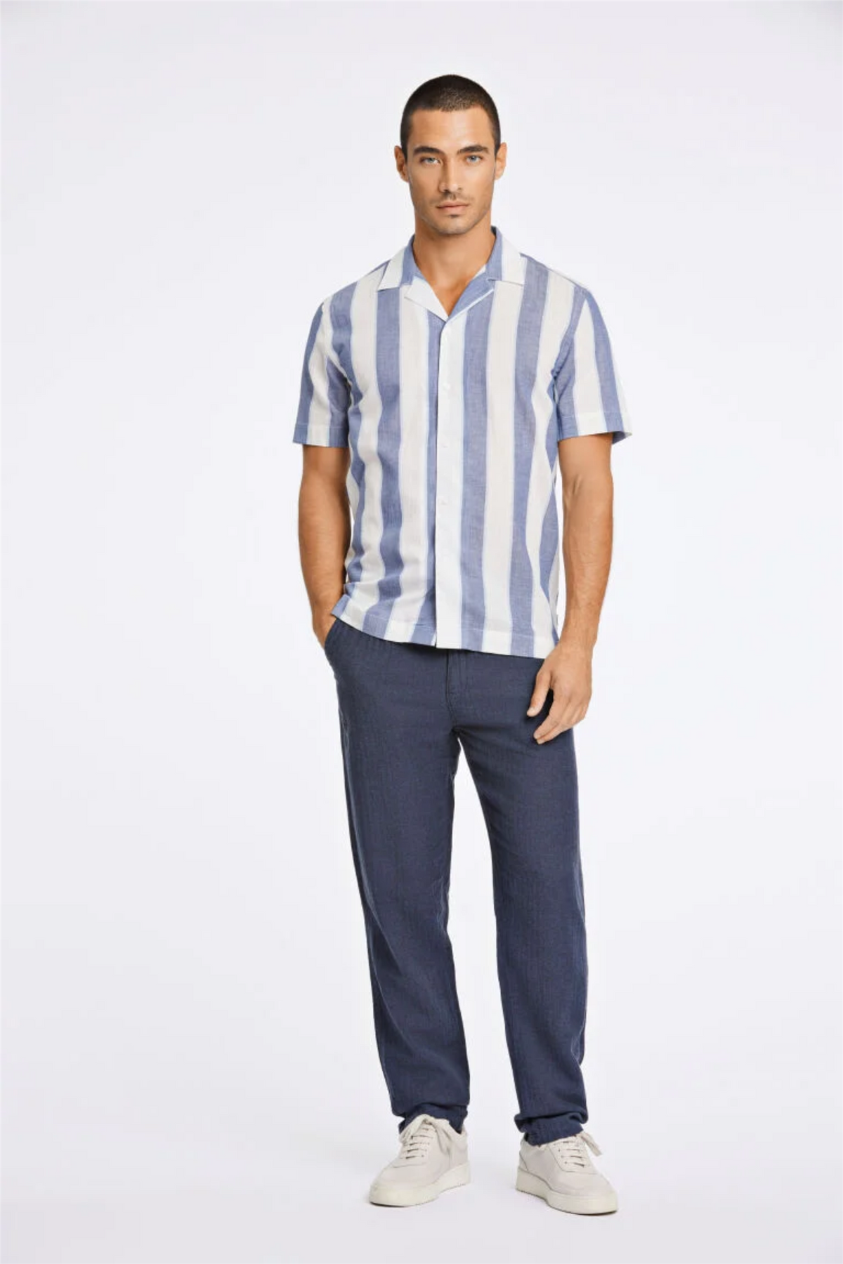 Striped Linen/Cotton Shirt S/S Dk Blue