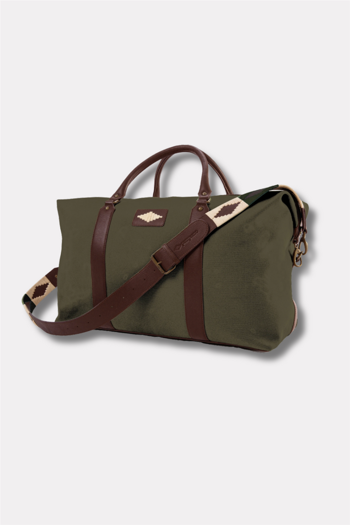 Caballero Large Travel Bag - Brown Leather and Green Canvas With Cream Stitching