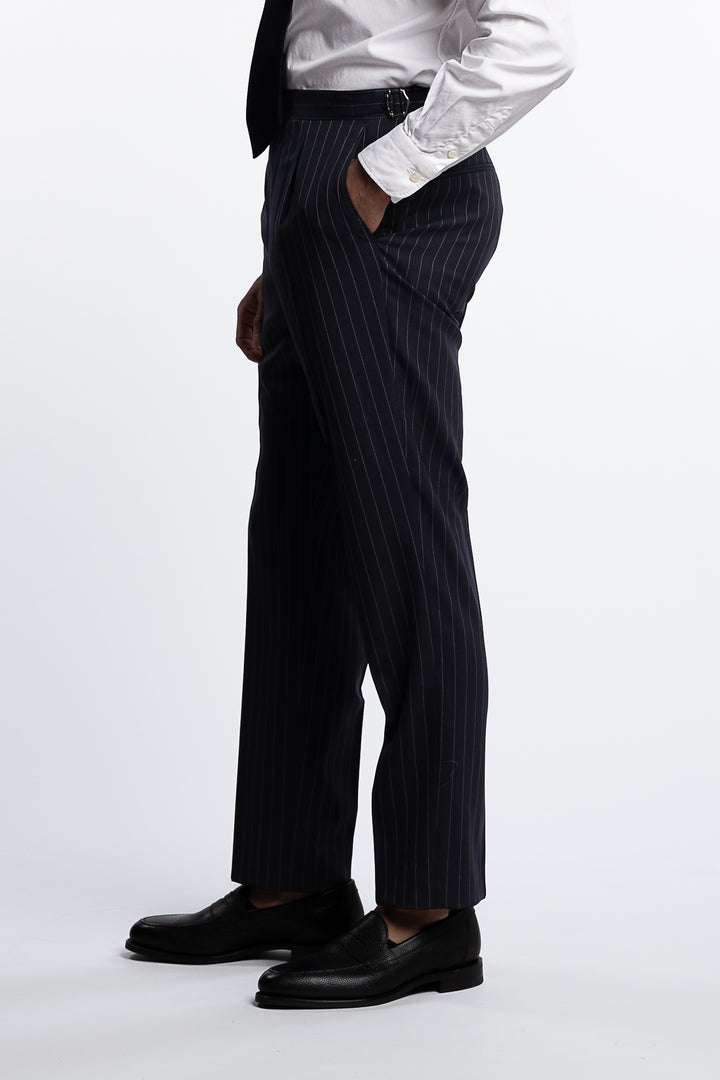 Delon Wool Regular Fit High Waist Pinstripe Trousers Black