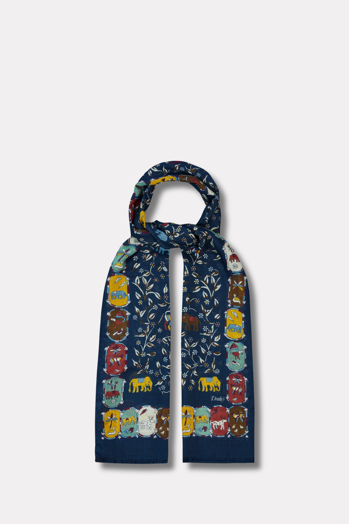 Elephants & Flowers Wool-Silk Scarf Navy