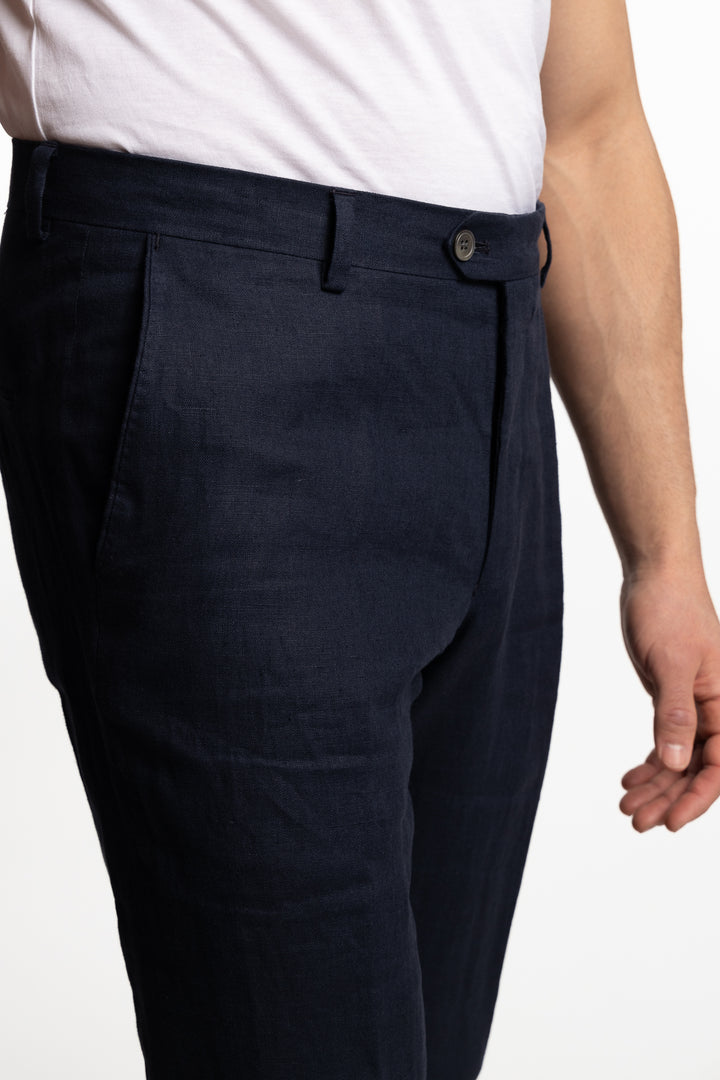 Denz Slim Fit Linen Trousers Navy