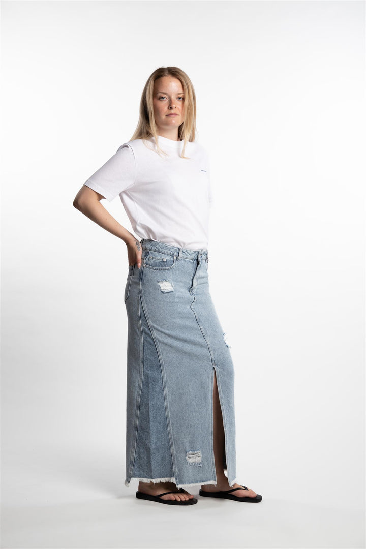 Louisa Long Denim Skirt- Lt. Blue Mix