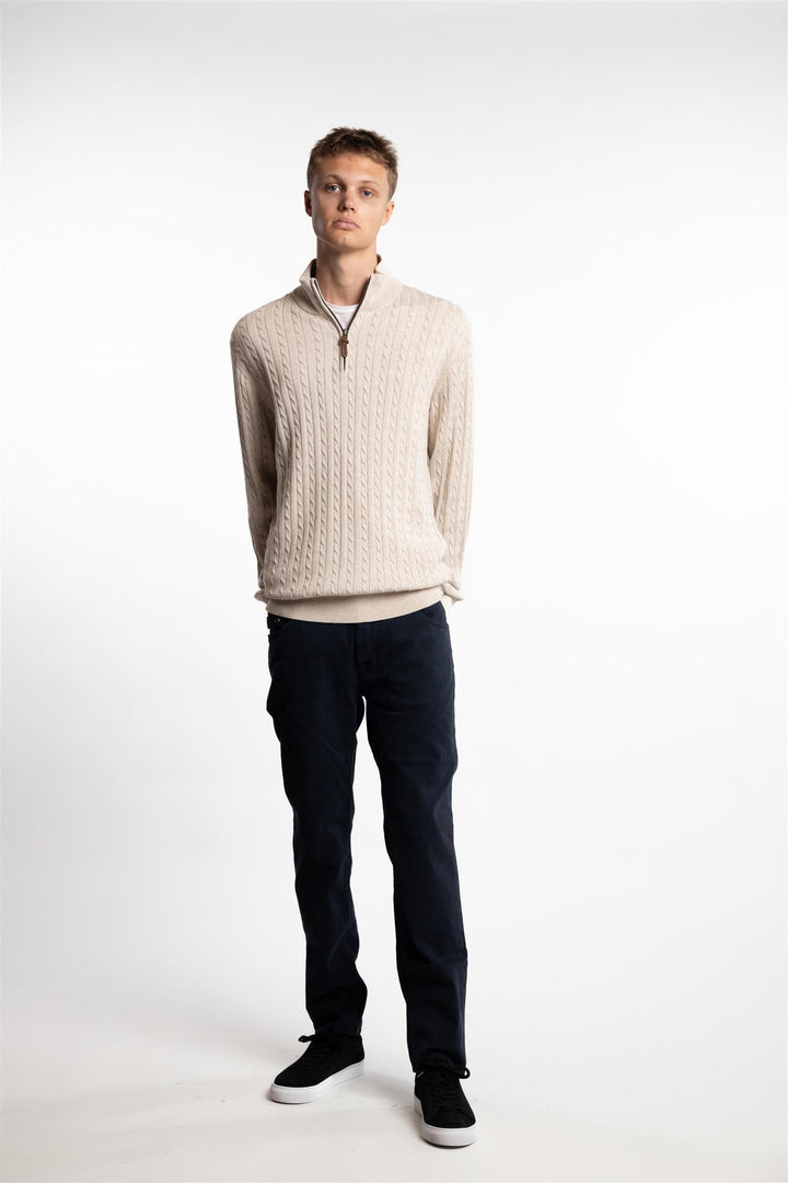 Half Zip Cable Knit Ecru Melange