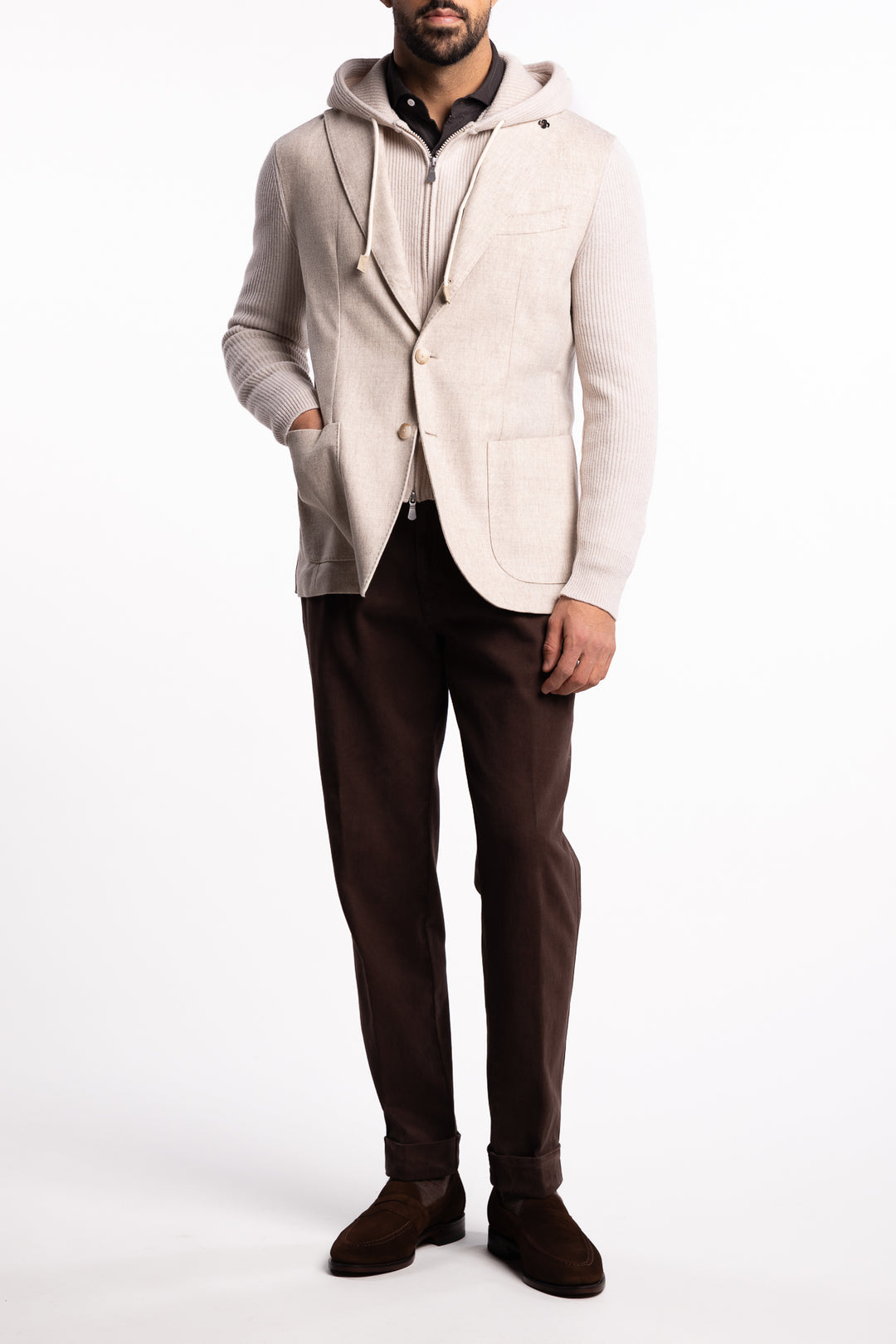 Knitted Hooded Wool Blazer Beige