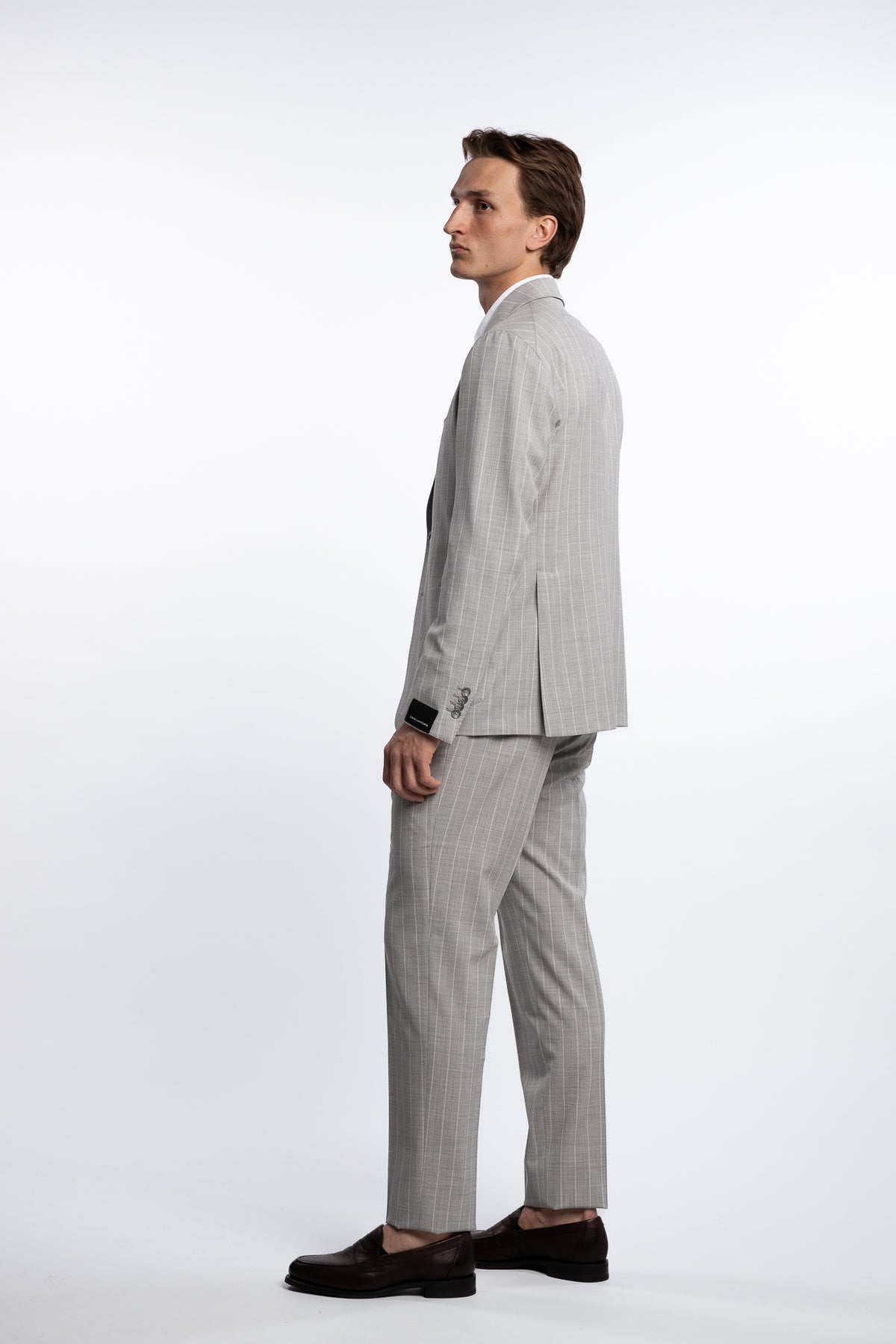 Regular Fit Wool/Silk Suit Grey Pinstripe