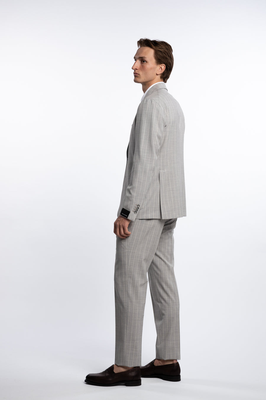 Regular Fit Wool/Silk Suit Grey Pinstripe