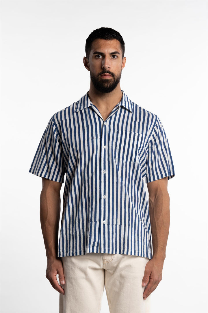 Short Sleeve Cotton Block Print Camp Collar Blue Stripe