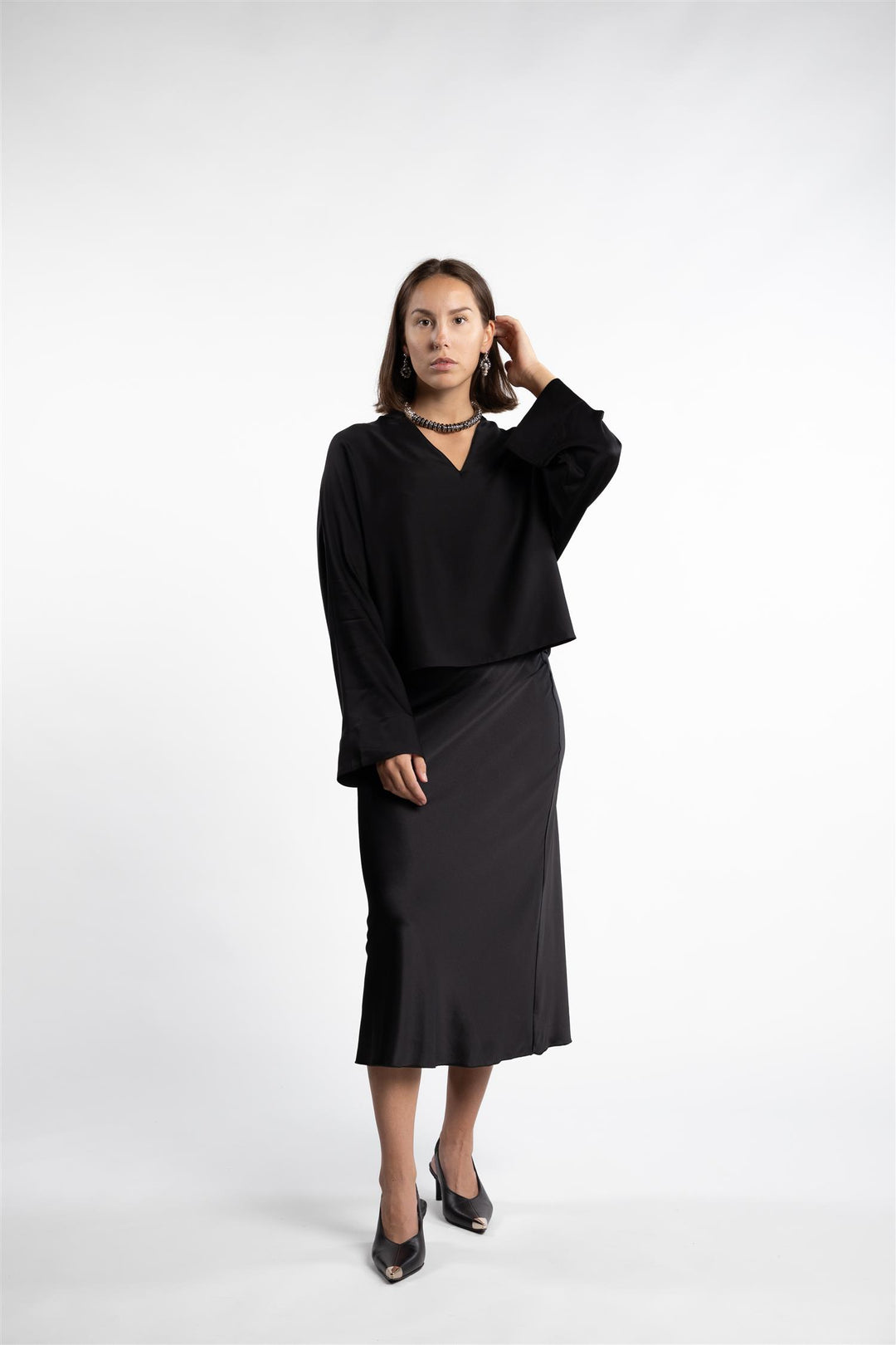 Nina V-neck Silk Blouse- Black