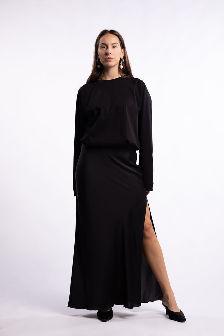 Hana Long Silk Skirt- Black