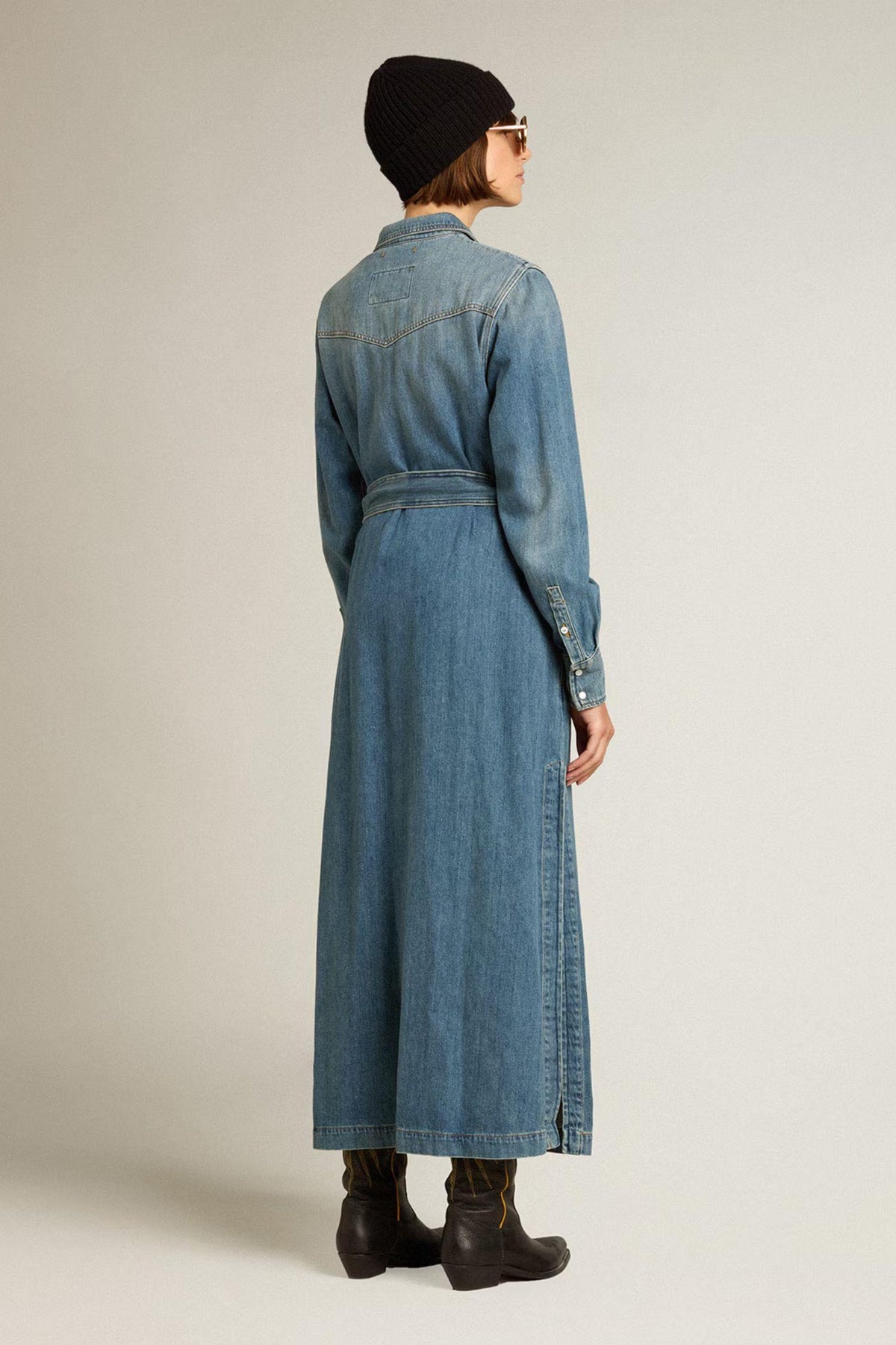 Shirt Dress With Belt- Washed Denim