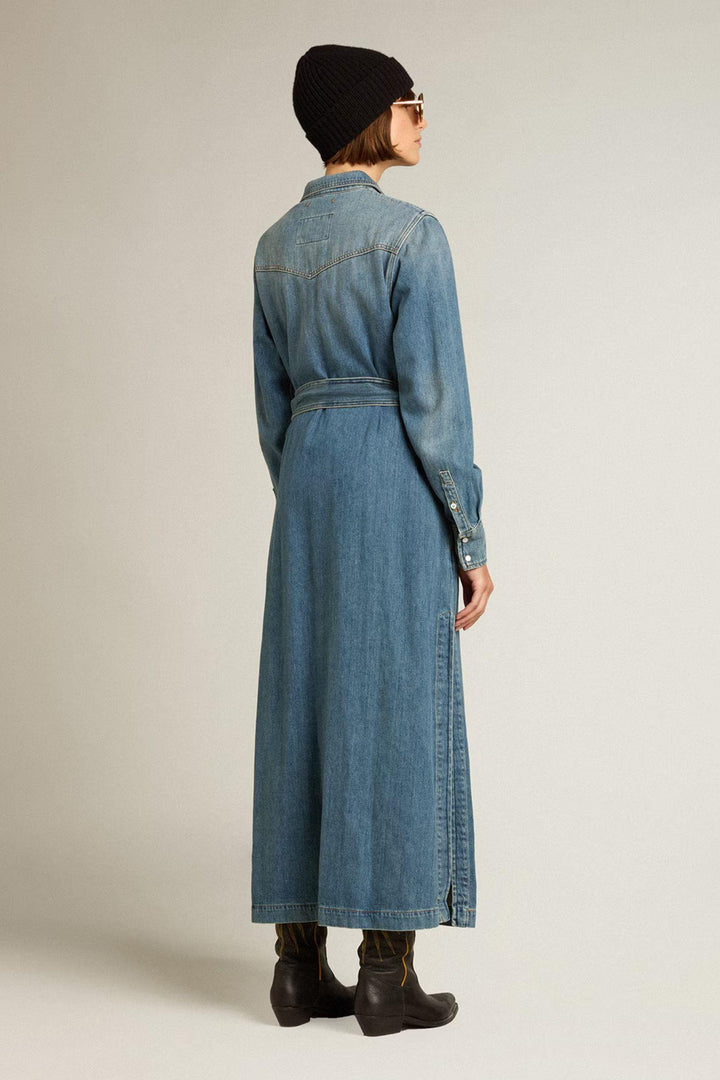 Shirt Dress With Belt- Washed Denim