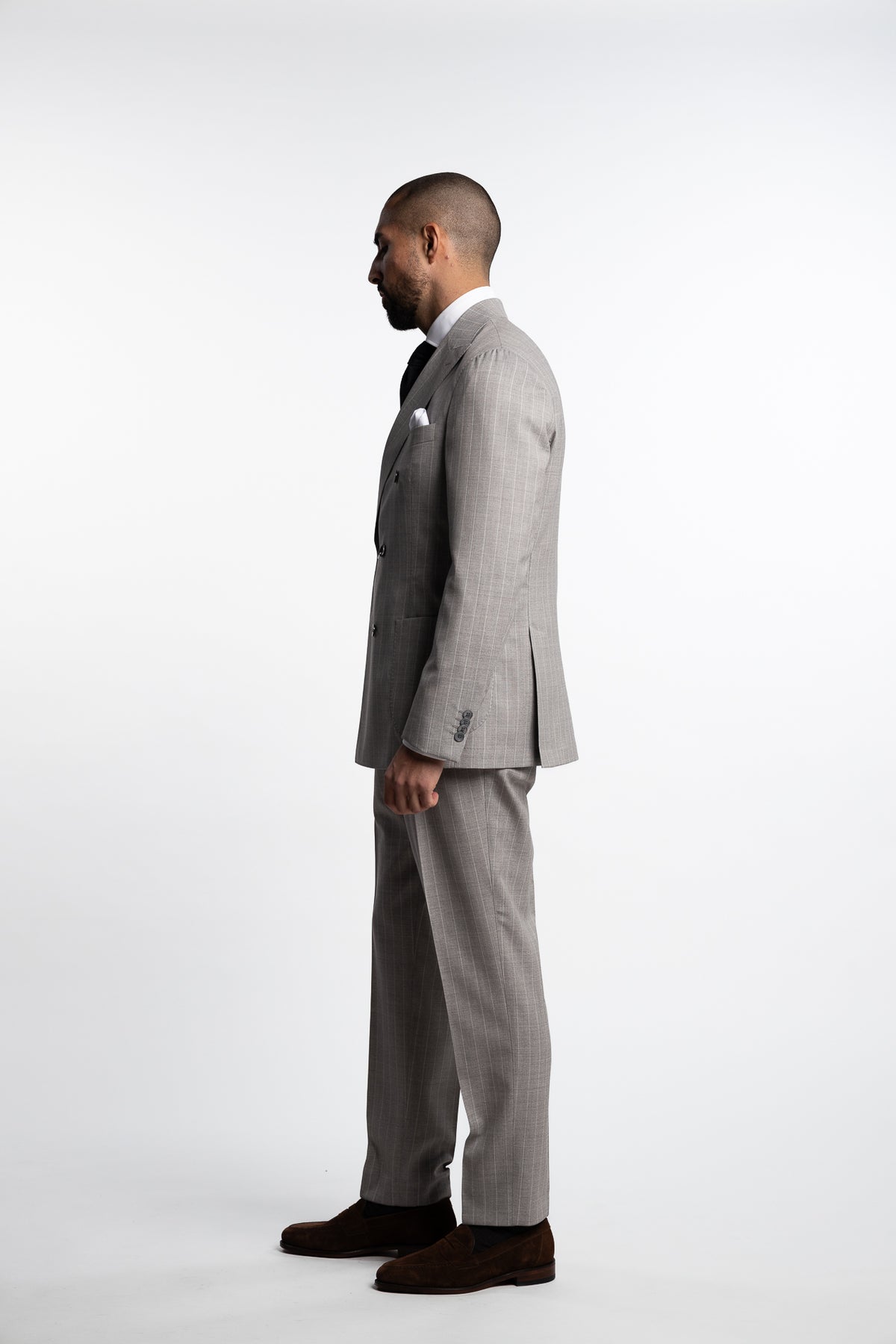 Vicenza Double Breasted Wool Suit Beige Stripe