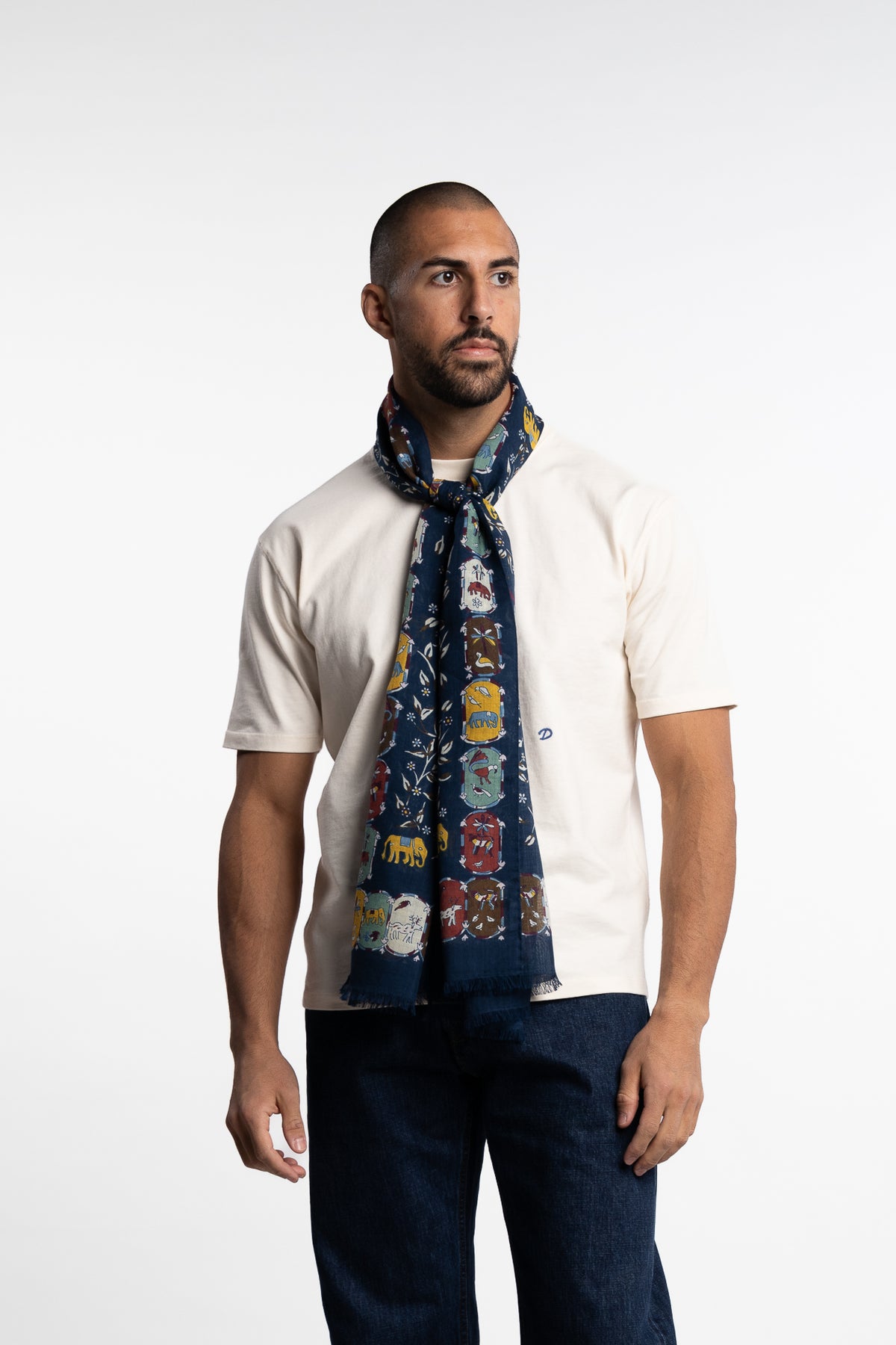 Elephants & Flowers Wool-Silk Scarf Navy