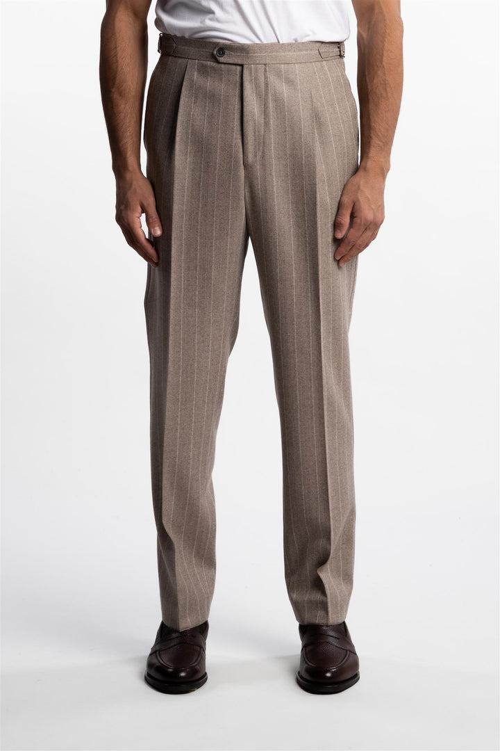 Delon Side Adjuster Wool Trousers Sand Beige Pinstripe