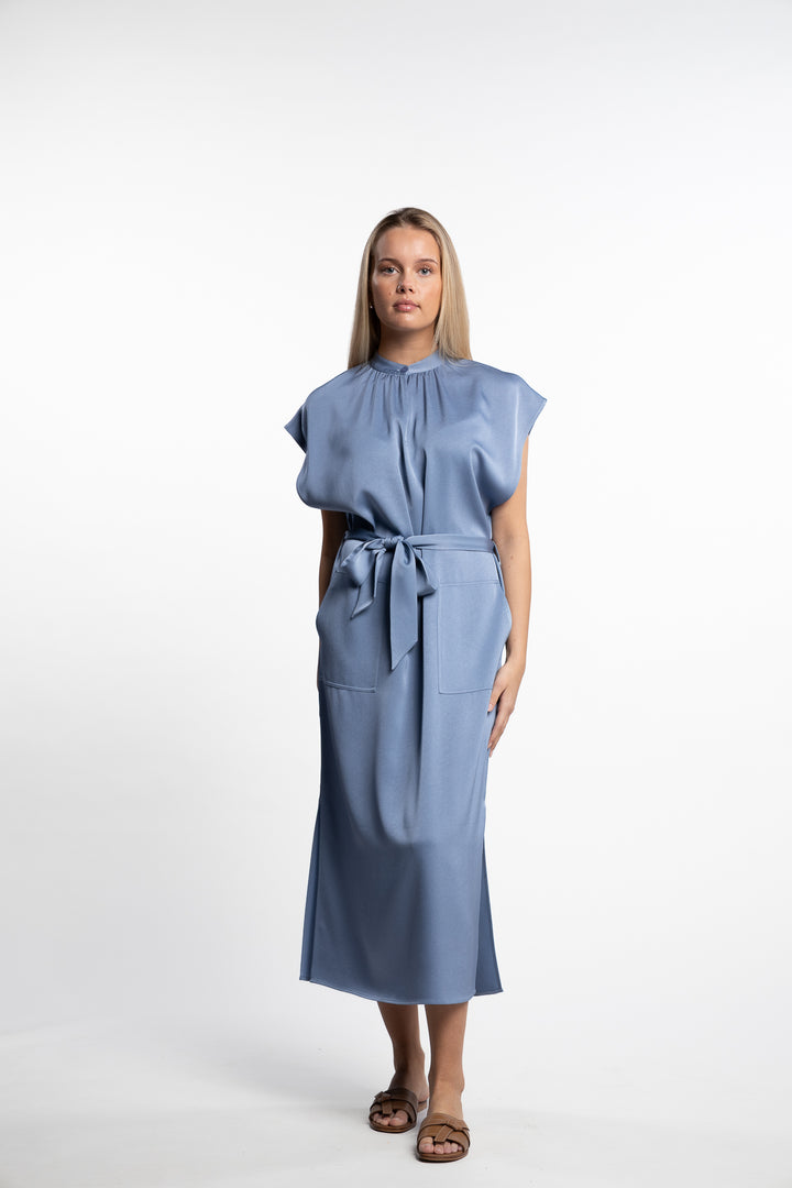 Belted Stand Collar Dress- Air