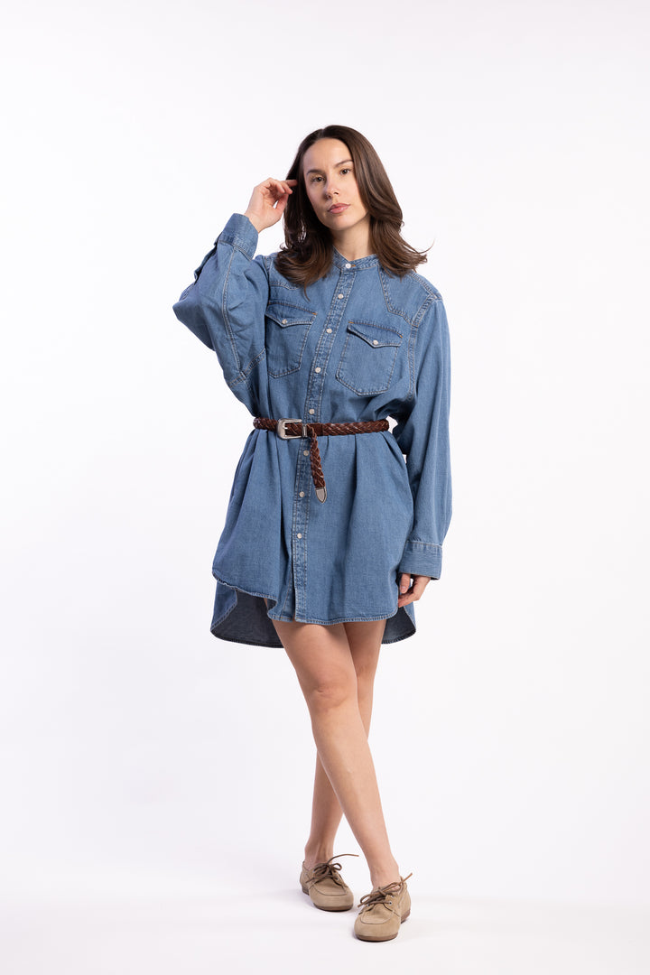 Western Denim Shirt Dress- Washed Mid Blue