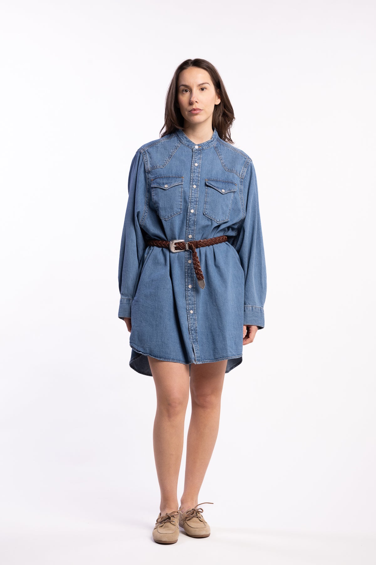 Western Denim Shirt Dress Washed Mid Blue