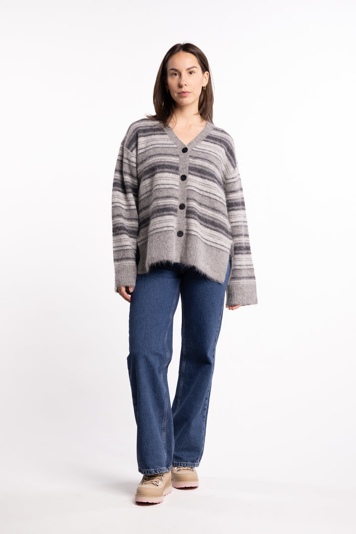 Fluffy Stripe Cardigan - Grey Stripe