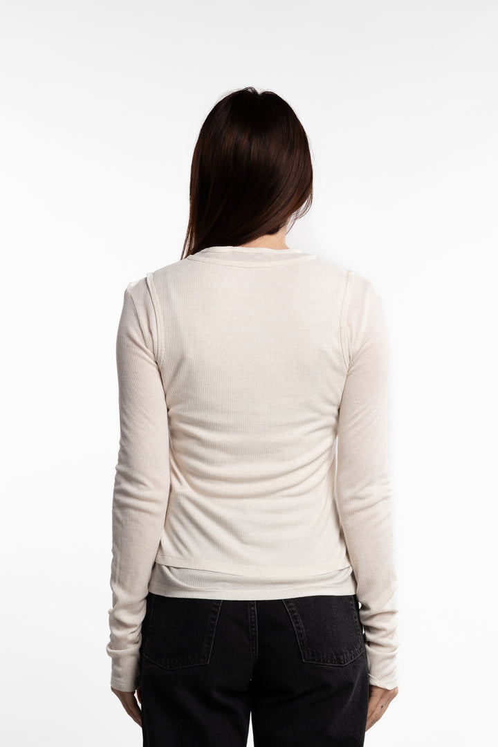 Double-layered Long Sleeve T-shirt- Ecru Beige