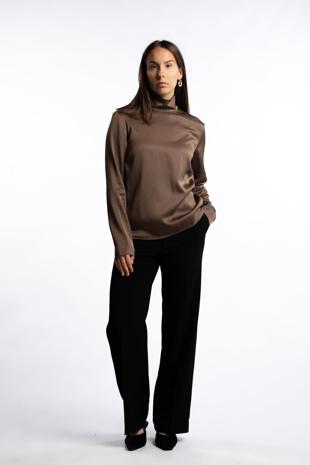 Turtleneck Satin Blouse- Oak Brown