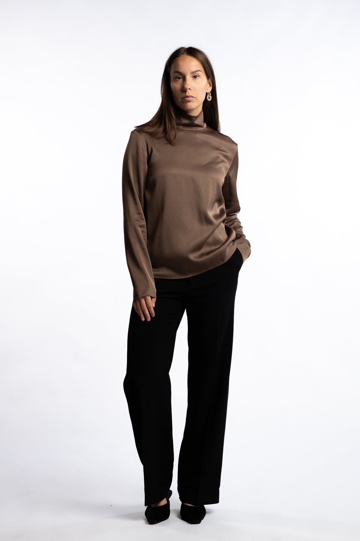 Turtleneck Satin Blouse- Oak Brown