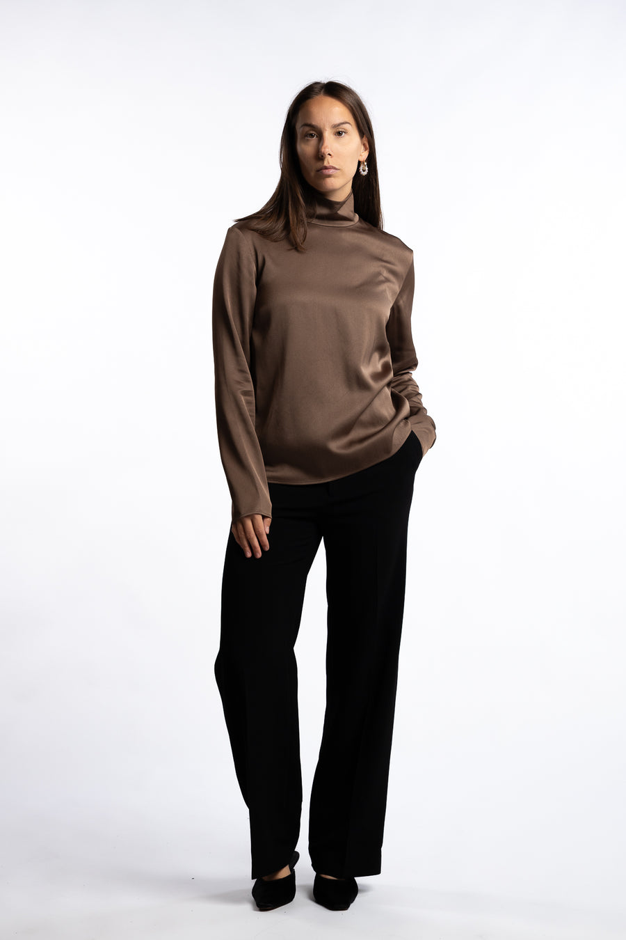 Turtleneck Satin Blouse- Oak Brown