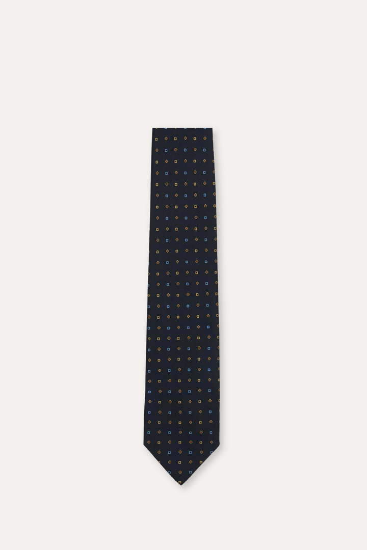 Geometric Flower Print Silk Self-Tipped Tie Navy
