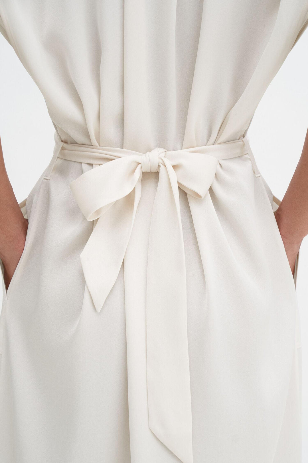 Belted Stand Collar Dress- Cream