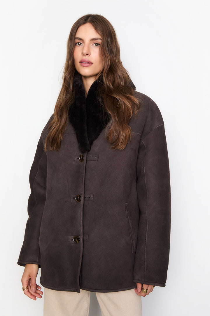 Melli Shearling Jacket- Dark Brown Suede