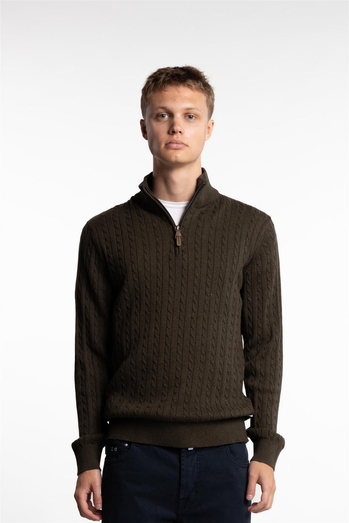 Half Zip Cable Knit Army Mel