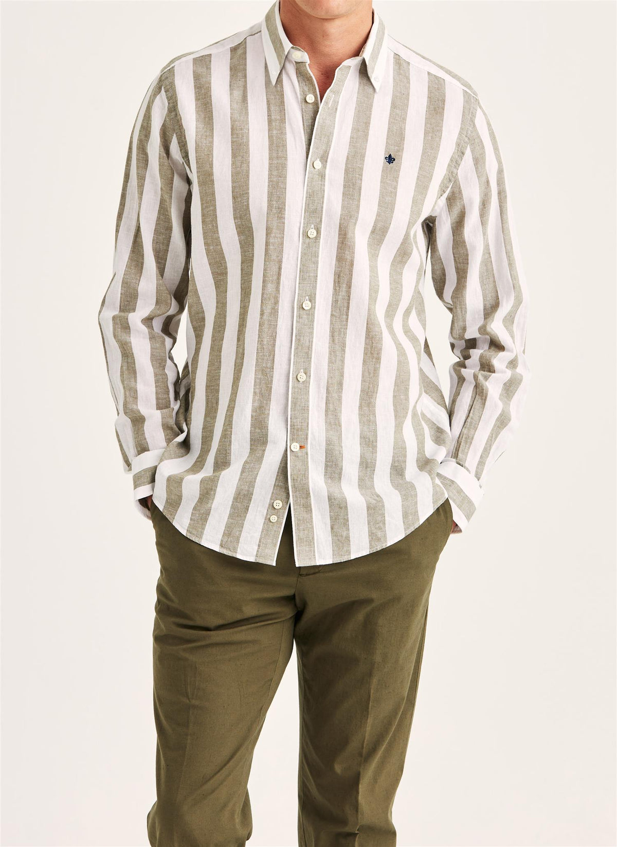 Douglas Classic Fit Linen Shirt Mix Stripe Olive