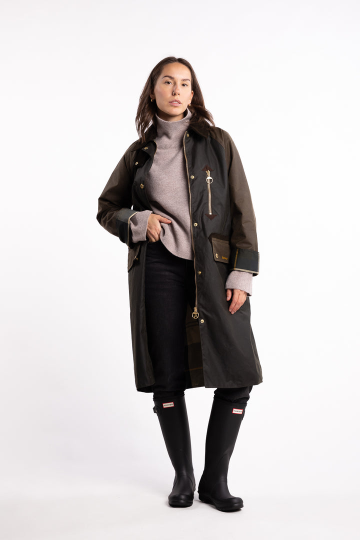 Long Evette Wax Jacket- Olive