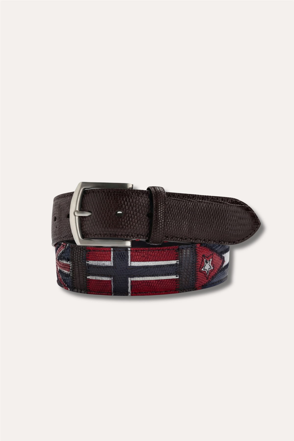 Lizard Leather Flag Belt Dark Brown Multi