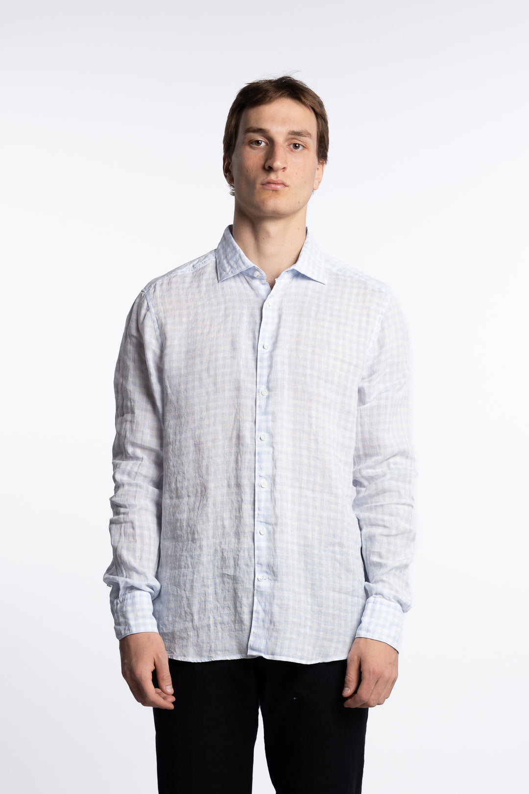 Slimline Linen Shirt Light Blue Check