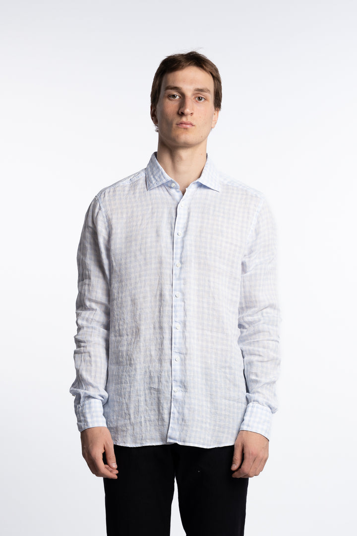 Slimline Linen Shirt Light Blue Check
