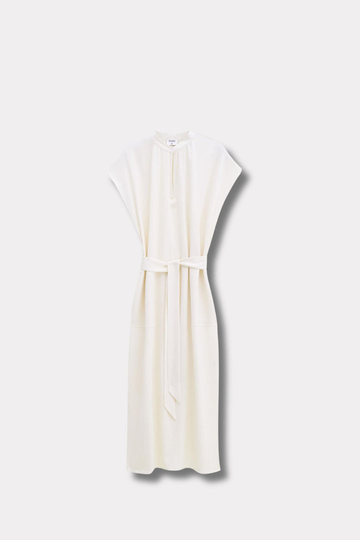 Belted Stand Collar Dress- Cream