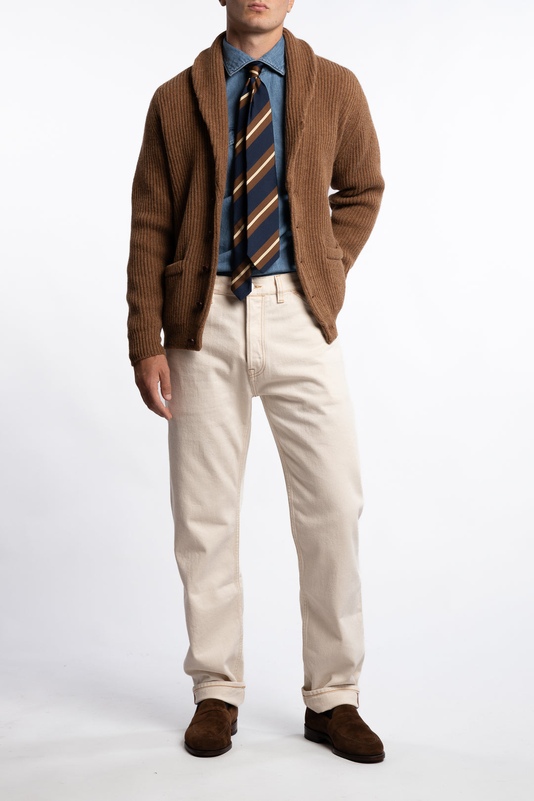 Lambswool Shawl Collar Rib Cardigan Camel