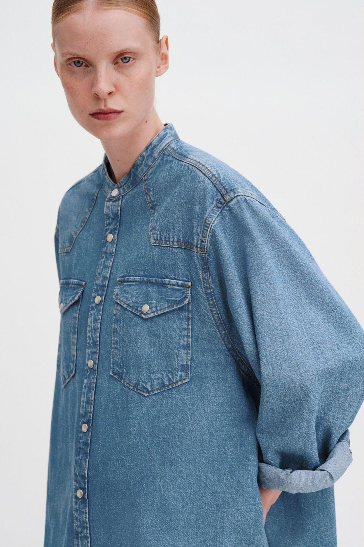 Western Denim Shirt Dress Washed Mid Blue