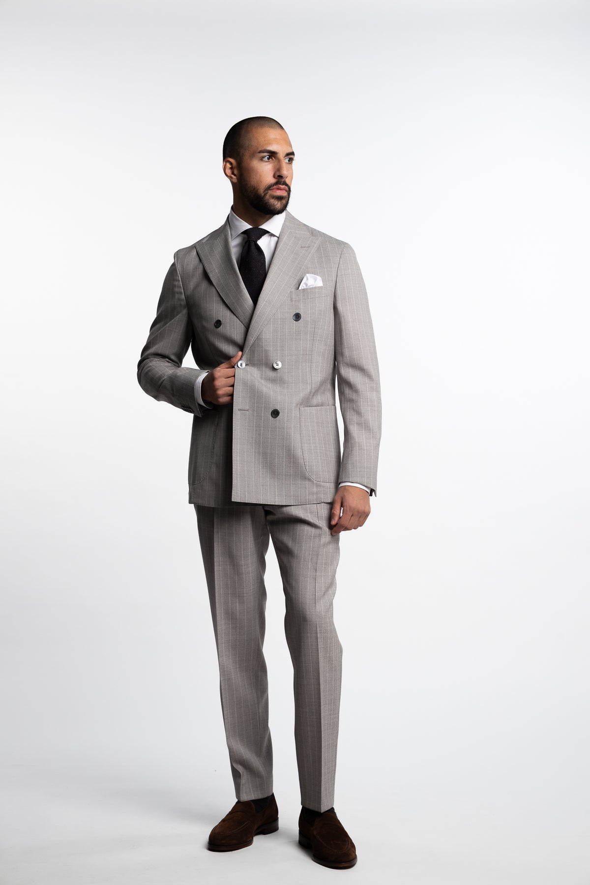 Vicenza Double Breasted Wool Suit Beige Stripe