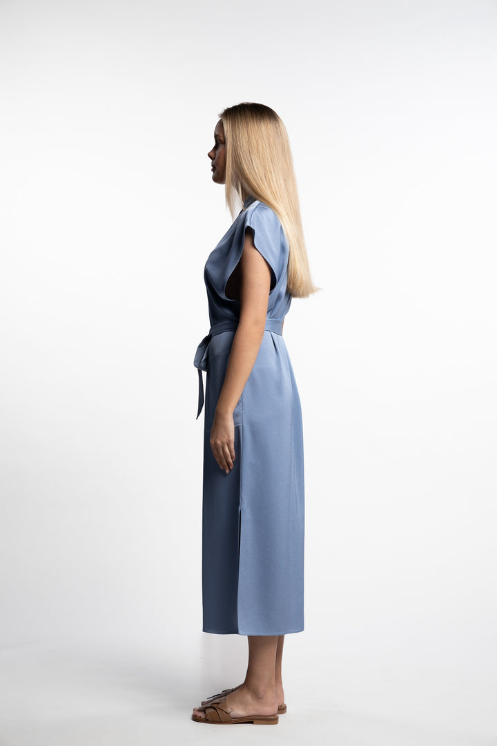 Belted Stand Collar Dress- Air