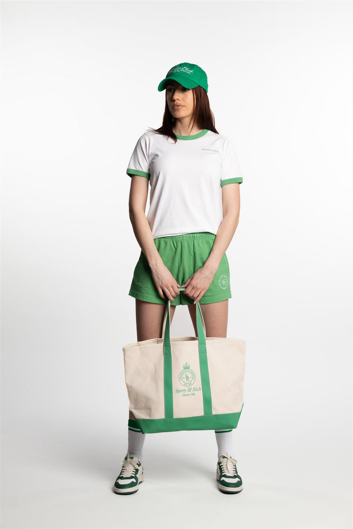 Crown Logo Embroidered Two Tone Tote Bag- Natural/Verde