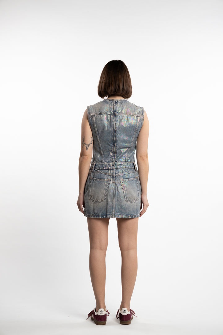 Coated Denim Dress- Mid Blue