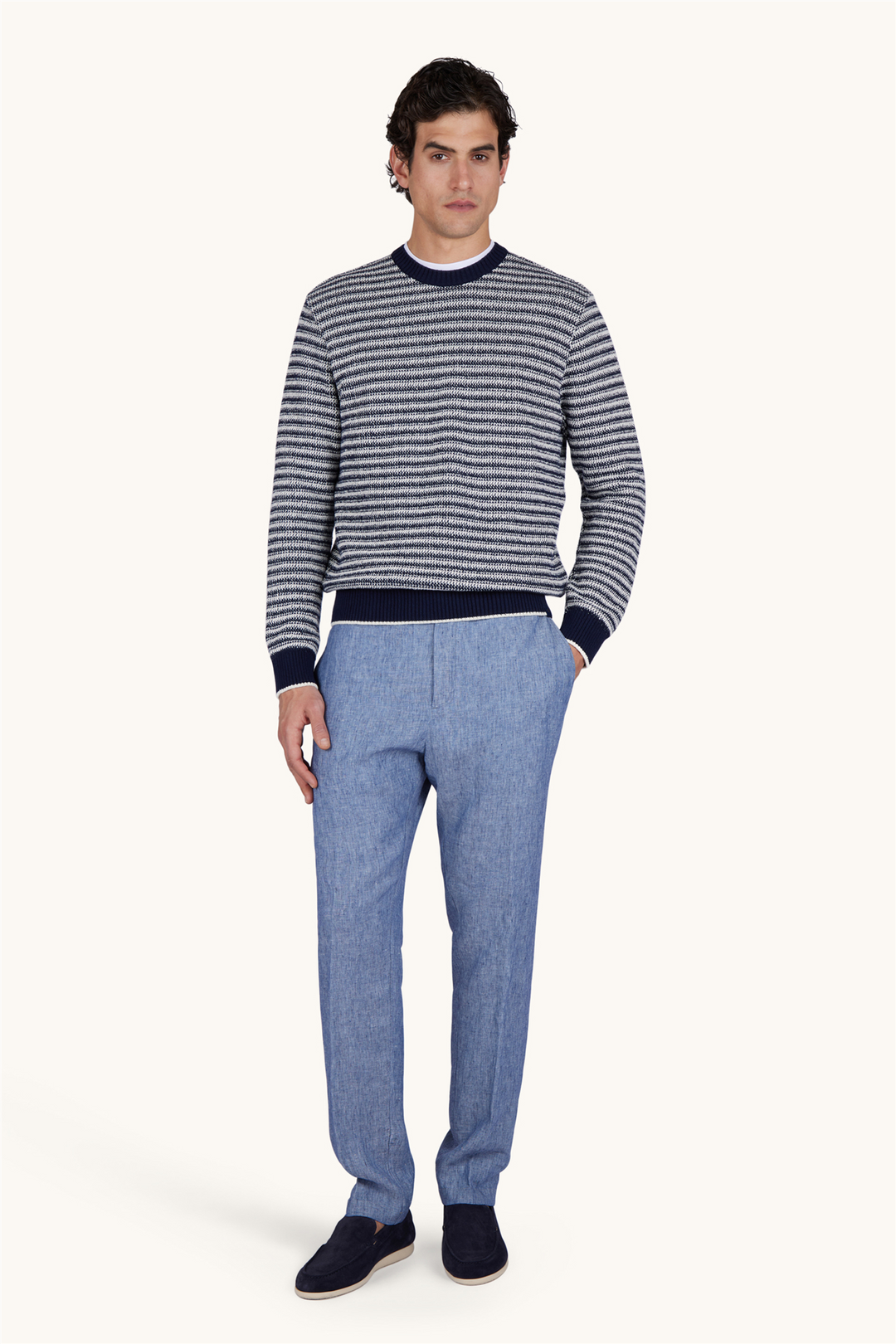 Crew‑Neck Sweater in Bouclé Cotton with Striped Pattern