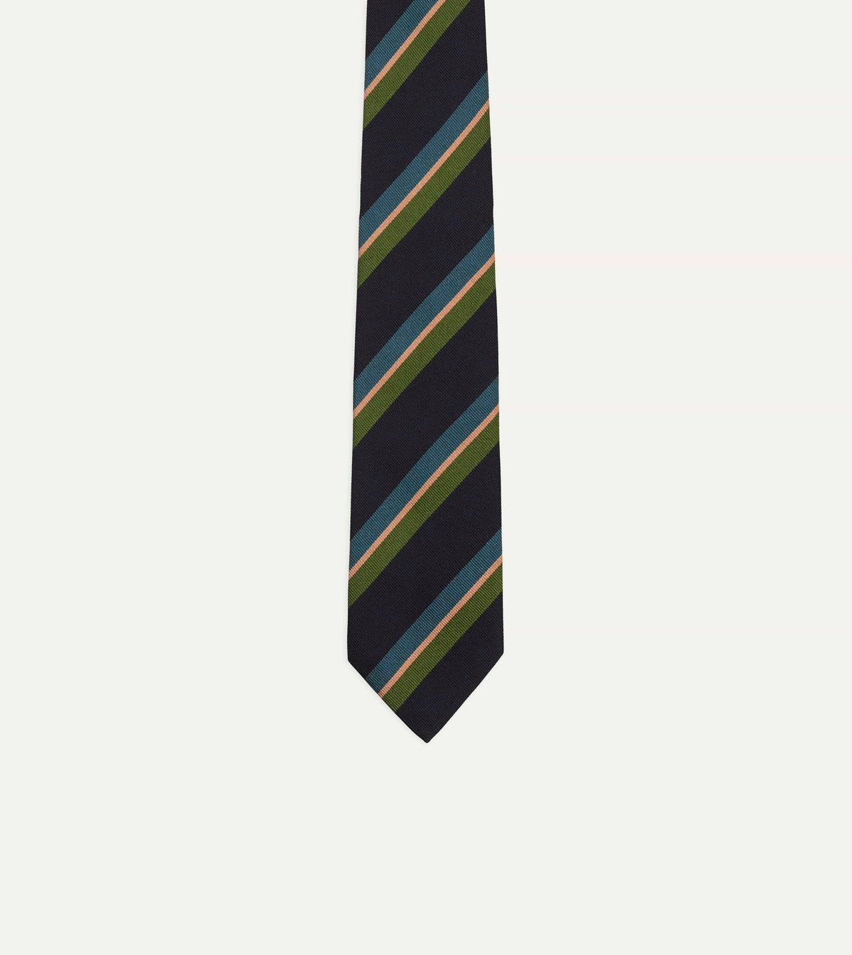 Repp Silk Tie Navy, Green, Blue & Yellow – nærbilde av bladet