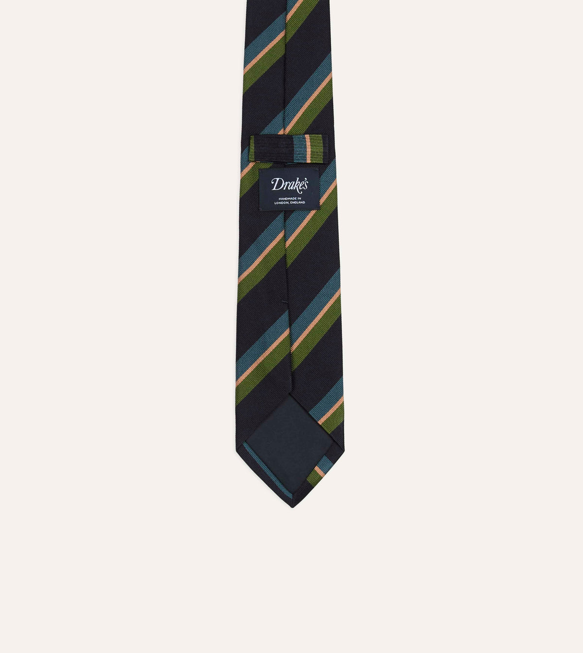 Repp Silk Tie Navy, Green, Blue & Yellow – bakside med merkelapp