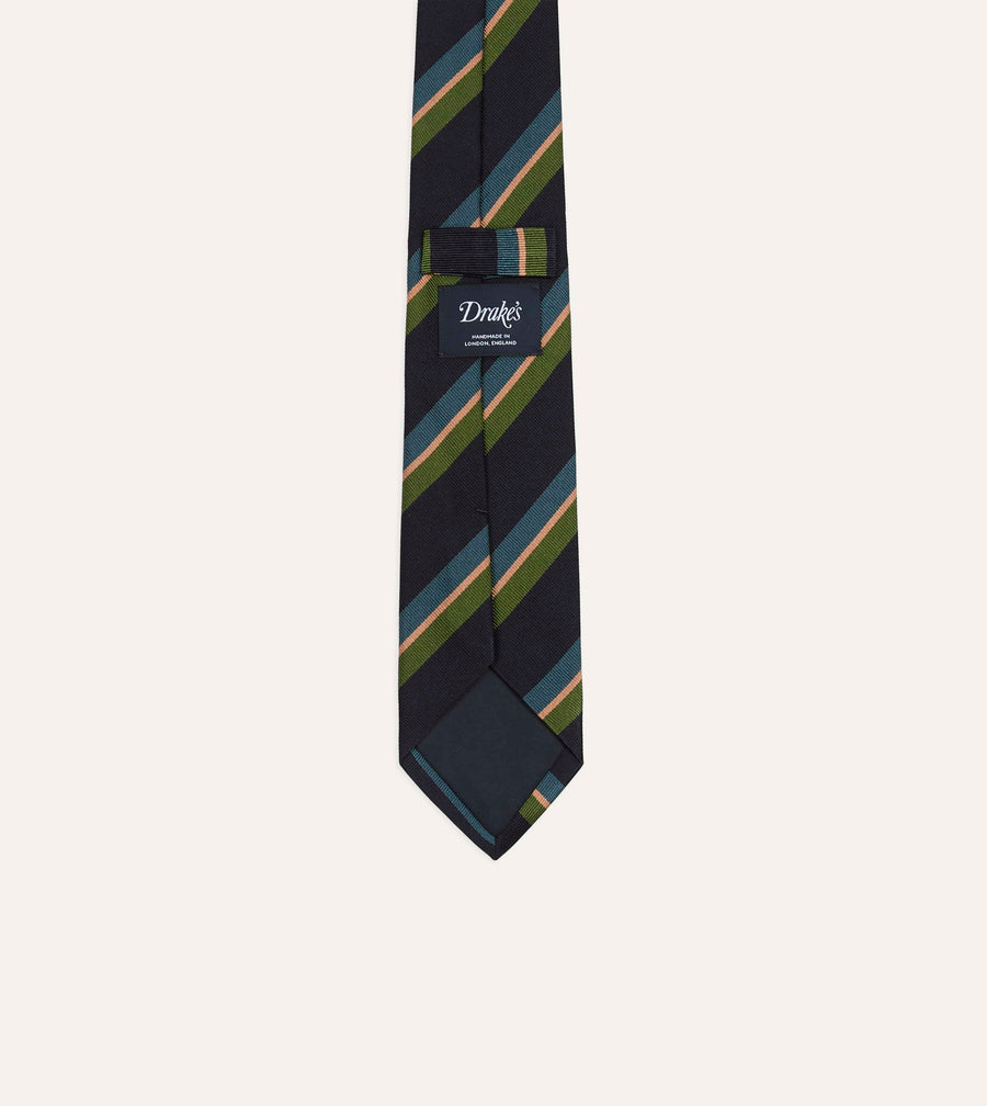 Repp Silk Tie Navy, Green, Blue & Yellow – bakside med merkelapp