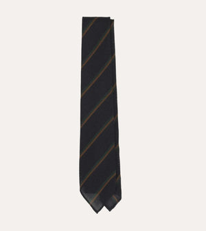Stripe Grenadine Hand Rolled Wool Silk Tie Navy, Green & Brown