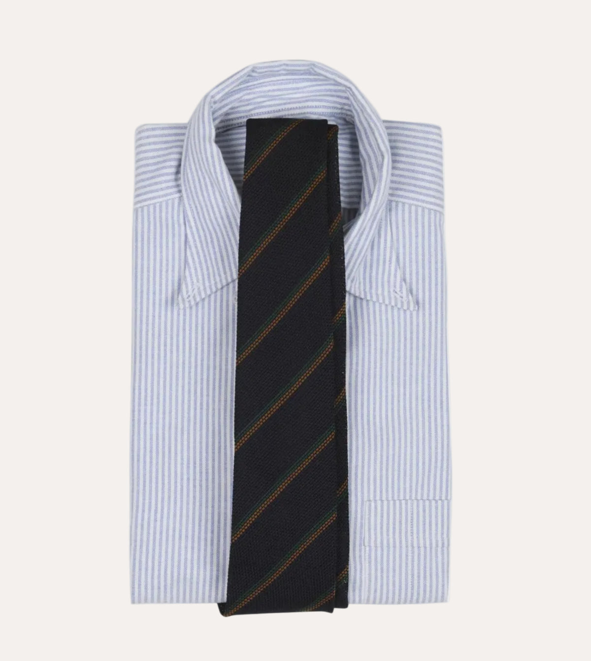 Grenadine Wool-Silk Tie Navy, Green & Brown – på brettet skjorte