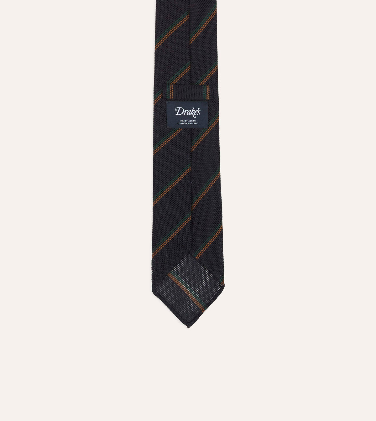 Grenadine Wool-Silk Tie Navy, Green & Brown – bakside med merkelapp