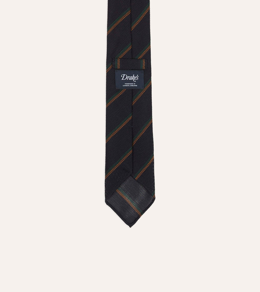 Grenadine Wool-Silk Tie Navy, Green & Brown – bakside med merkelapp